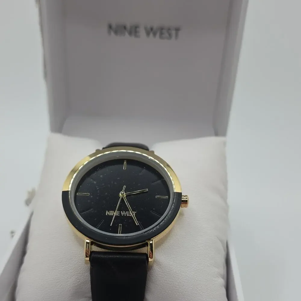 Nine West Women’s Quartz Watch Black Dial Gold-Tone Case Leather Strap Box